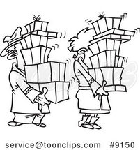 Cartoon Black and White Line Drawing of a Shaking Couple Carrying Packages by Toonaday