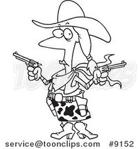 Cartoon Black and White Line Drawing of a Cowgirl Holding Guns by Toonaday