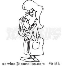 Cartoon Black and White Line Drawing of a Lady with a Cold by Toonaday