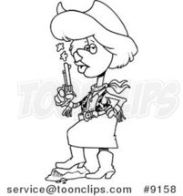 Cartoon Black and White Line Drawing of a Cowgirl Blowing on a Smoking Gun by Toonaday