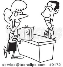 Cartoon Black and White Line Drawing of a Lady Shipping a Package by Toonaday