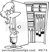 Cartoon Black and White Line Drawing of a Lady with a Clean Closet by Toonaday