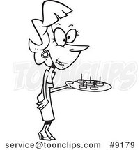 Cartoon Black and White Line Drawing of a Party Hostess Serving Snacks by Toonaday
