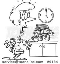 Cartoon Black and White Line Drawing of a Lady Panicking in a Messy Kitchen by Toonaday