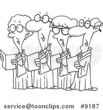 Cartoon Black and White Line Drawing of a Choir of Seniors by Toonaday