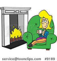 Cartoon Lady Drinking Coffee by a Fireplace by Toonaday