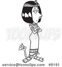 Cartoon Black and White Line Drawing of Cleopatra with a Snake by Toonaday