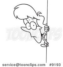 Cartoon Black and White Line Drawing of a Lady Peeking Around a Corner by Toonaday
