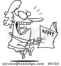 Cartoon Black and White Line Drawing of a Lady Reading Exciting News by Toonaday