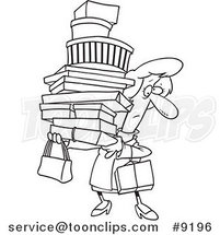 Cartoon Black and White Line Drawing of a Shopping Lady Carrying Packages by Toonaday