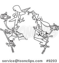 Cartoon Black and White Line Drawing of a Couple Patrolling on Pogo Sticks by Toonaday