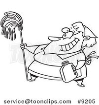 Cartoon Black and White Line Drawing of a Lady Cleaning by Toonaday