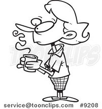 Cartoon Black and White Line Drawing of a Thinking Lady Holding Coffee by Toonaday