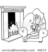 Cartoon Black and White Line Drawing of a Lady Drinking Coffee by a Fireplace by Toonaday