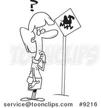 Cartoon Black and White Line Drawing of a Lady Looking at a Camel Crossing Sign by Toonaday