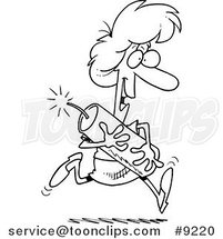 Cartoon Black and White Line Drawing of a Lady Running with Dynamite by Toonaday