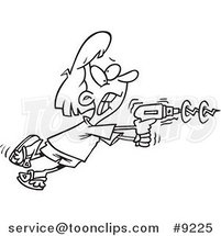 Cartoon Black and White Line Drawing of a Lady Using a Power Drill by Toonaday