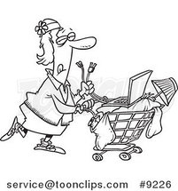 Cartoon Black and White Line Drawing of a Homeless Lady Pushing a Laptop on Her Cart by Toonaday