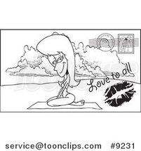 Cartoon Black and White Line Drawing of a Beach Lady on a Post Card by Toonaday