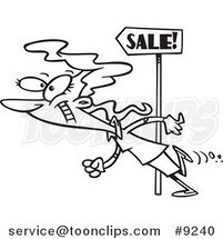 Cartoon Black and White Line Drawing of a Lady Following Sale Signs by Toonaday