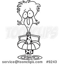 Cartoon Black and White Line Drawing of a Lady Standing in Shallow Water with a Life Buoy by Toonaday