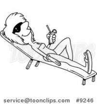 Cartoon Black and White Line Drawing of a Lady Sun Bathing with a Beverage by Toonaday
