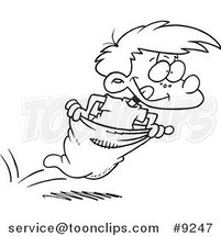 Cartoon Black and White Line Drawing of a Boy Hopping in a Sack Race by Toonaday