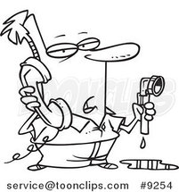 Cartoon Black and White Line Drawing of a Guy Calling a Plumber by Toonaday