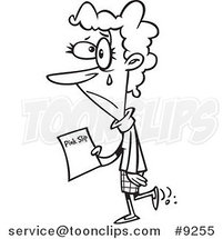 Cartoon Black and White Line Drawing of a Sad Business Woman Holding a Pink Slip by Toonaday