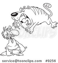 Cartoon Black and White Line Drawing of a Saber Tooth Tiger Attacking a Caveman by Toonaday