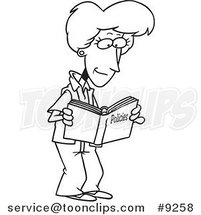 Cartoon Black and White Line Drawing of a Lady Reading a Policy Book by Toonaday