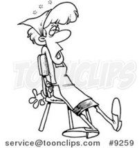 Cartoon Black and White Line Drawing of a Tired Maid Sitting in a Chair by Toonaday