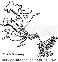 Cartoon Black and White Line Drawing of a Lady Power Shopping by Toonaday