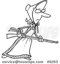 Cartoon Black and White Line Drawing of a Pioneer Lady Holding a Gun by Toonaday