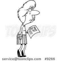 Cartoon Black and White Line Drawing of a Crying Business Woman Holding a Pink Slip by Toonaday