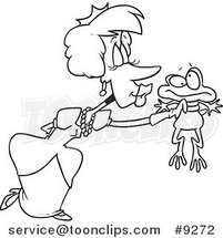 Cartoon Black and White Line Drawing of a Princess Kissing a Frog by Toonaday
