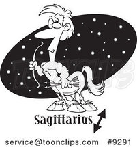 Cartoon Black and White Line Drawing of a Sagittarius Centaur over a Black Oval by Toonaday