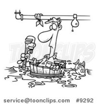 Cartoon Black and White Line Drawing of a Plumber Floating in a Barrel by Toonaday