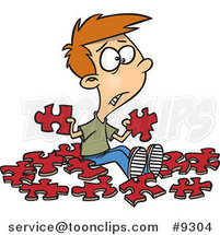 Cartoon Confused Boy with Similar Puzzle Pieces by Toonaday