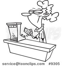 Cartoon Black and White Line Drawing of a Female Sales Clerk by Toonaday