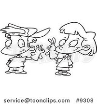 Cartoon Black and White Line Drawing of a Boy and Girl Playing with Puppets by Toonaday