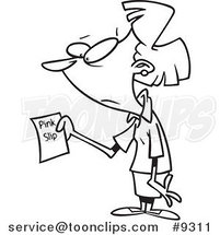Cartoon Black and White Line Drawing of a Business Woman Holding a Pink Slip by Toonaday