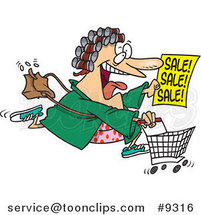 Cartoon Lady in Her Robe and Curlers, Running to a Sale by Toonaday
