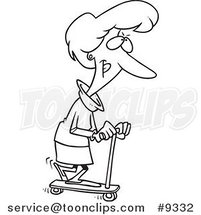Cartoon Black and White Line Drawing of a Lady Riding a Scooter by Toonaday