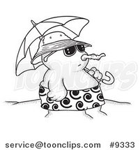 Cartoon Black and White Line Drawing of a Sandman on a Beach with an Umbrella by Toonaday
