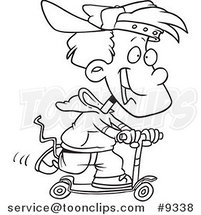 Cartoon Black and White Line Drawing of a Boy Riding a Scooter by Toonaday