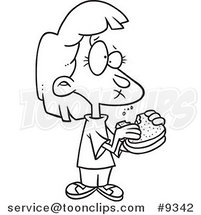 Cartoon Black and White Line Drawing of a Girl Eating a Sandwich by Toonaday