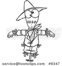 Cartoon Black and White Line Drawing of a Scarecrow by Toonaday