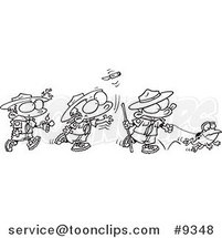 Cartoon Black and White Line Drawing of a Group of Boy Scouts Outdoors by Toonaday