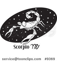 Cartoon Black and White Line Drawing of a Scorpio Scorpion over a Black Oval by Toonaday